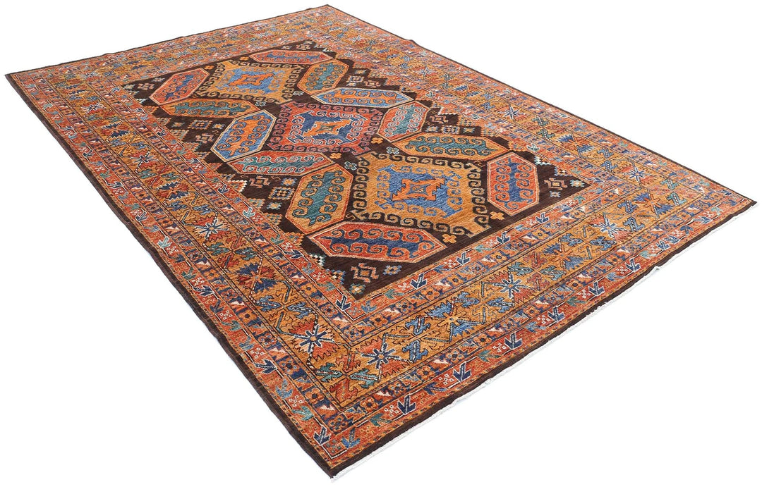 Afghan Nomadic Caucasian Humna Rug 6' 8" x 9' 7" Hand-Knotted | No. AT26368