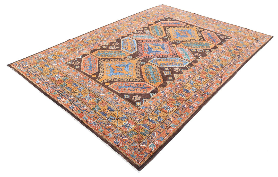 Afghan Nomadic Caucasian Humna Rug 6' 8" x 9' 7" Hand-Knotted | No. AT26368