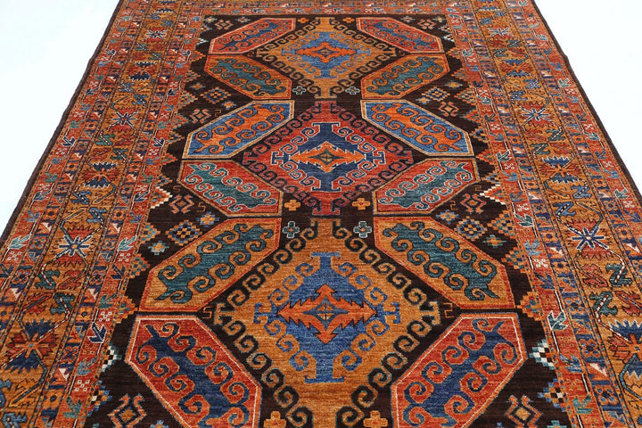 Afghan Nomadic Caucasian Humna Rug 6' 8" x 9' 7" Hand-Knotted | No. AT26368