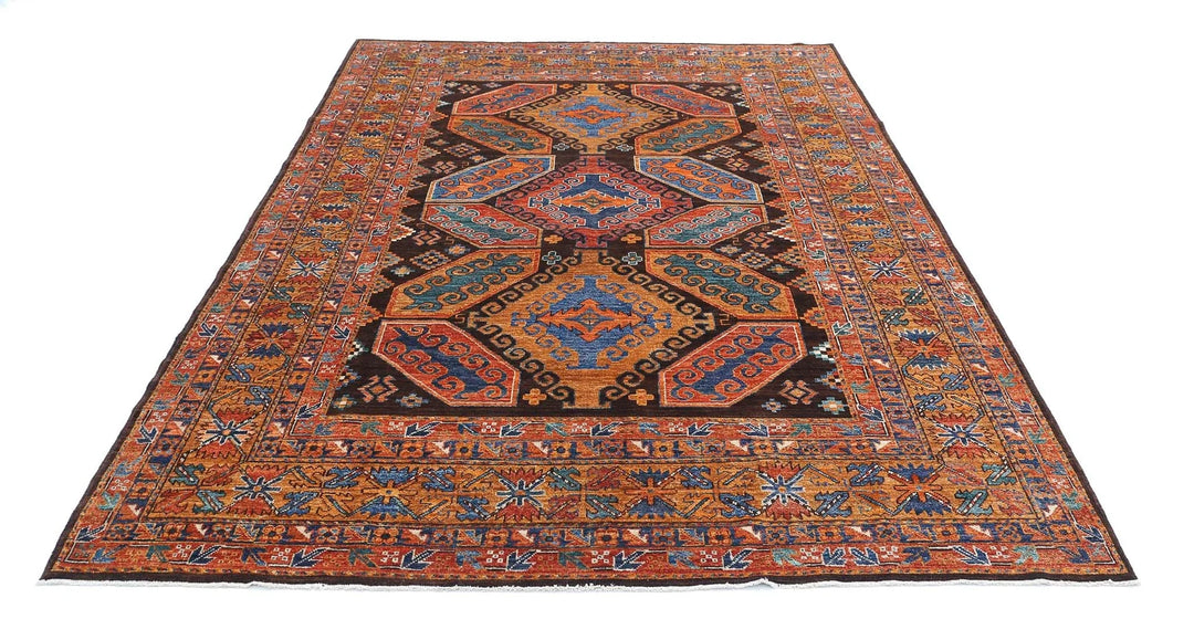 Afghan Nomadic Caucasian Humna Rug 6' 8" x 9' 7" Hand-Knotted | No. AT26368