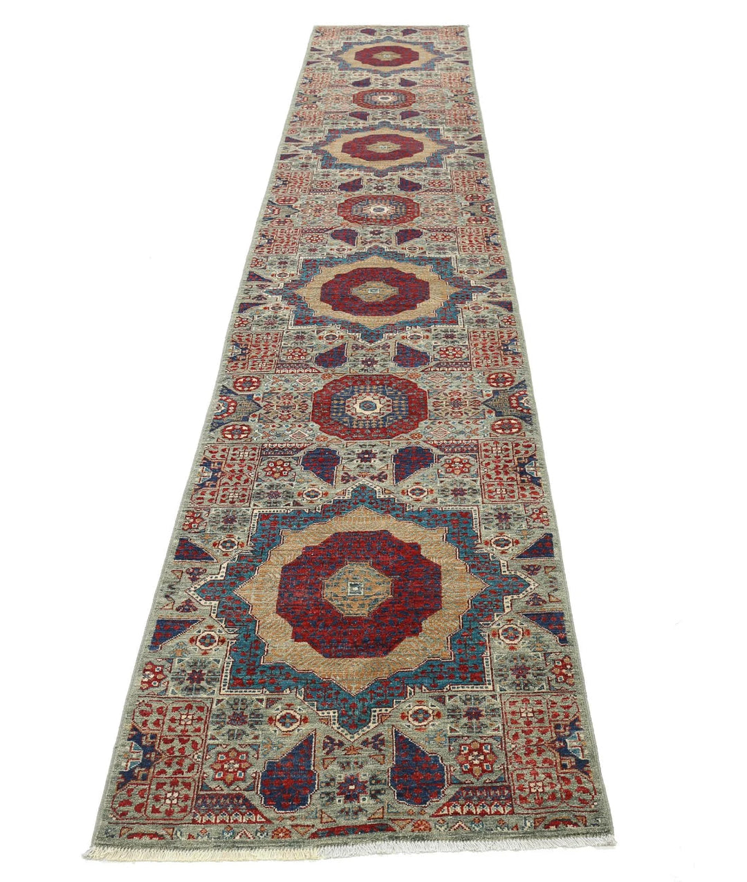 Green Afghan Mamluk Rug 2' 5" x 14' 6" Hand-Knotted | No. AT270006