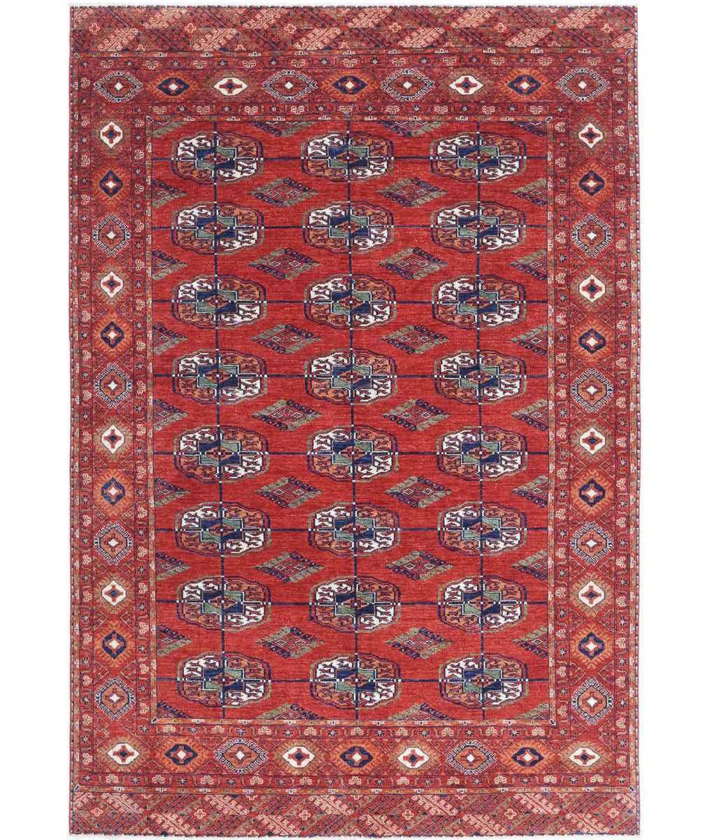 Rust Afghan Bokhara Rug 6' 4" x 9' 6" Hand-Knotted | No. AT27697