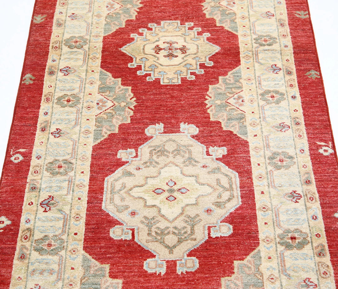 Red Afghan Oriental Rug 2'7" x 7'7" Hand-Knotted close-up