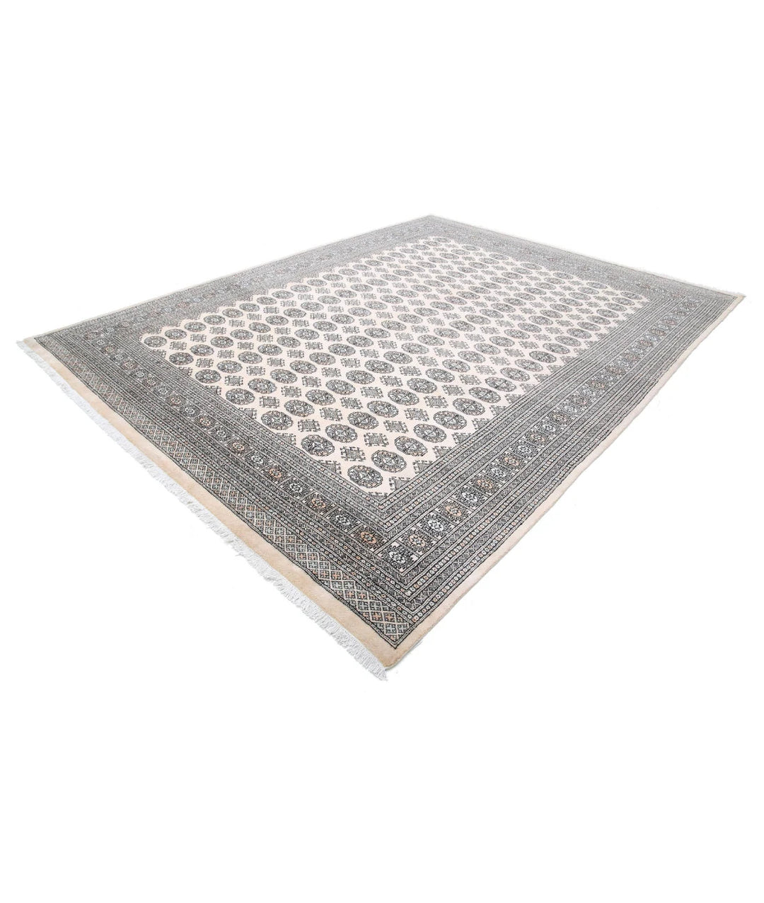 Ivory Pakistani Bokhara Rug 9' 0" x 11' 11" Hand-Knotted | No. AT29782
