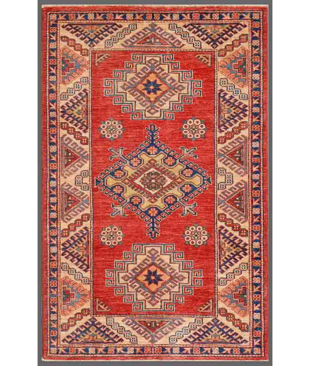 Red Afghan Kazak Rug 3' 0" x 4' 9" Hand-Knotted | No. AT311909