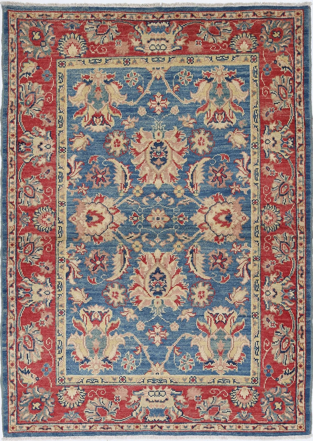 Blue Afghan Ziegler Rug 4' 2" x 5' 11" Hand-Knotted | No. AT32802