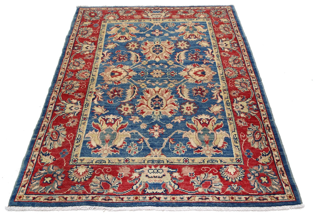Blue Afghan Ziegler Rug 4' 2" x 5' 11" Hand-Knotted | No. AT32802