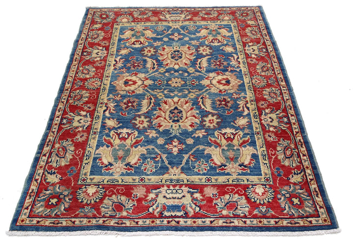 Blue Afghan Ziegler Rug 4' 2" x 5' 11" Hand-Knotted | No. AT32802
