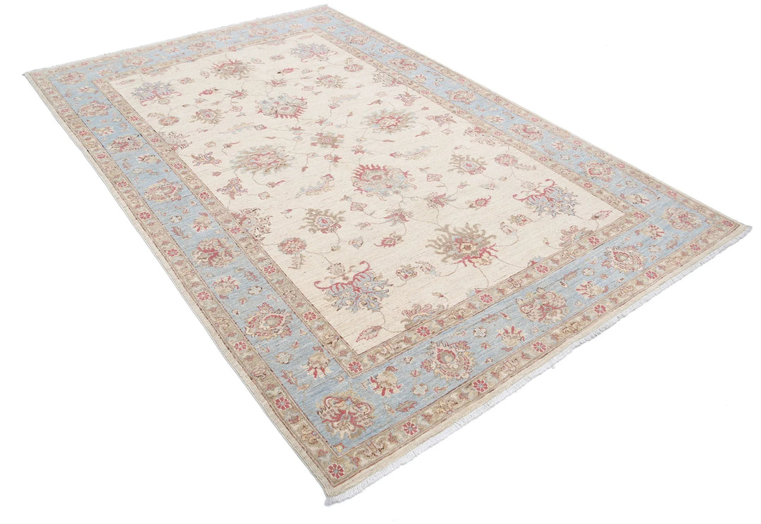 Ivory Afghan Oriental Rug 5'7" x 8'3" Hand-Knotted detail