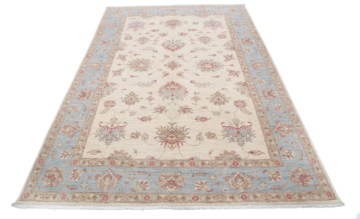 Ivory Afghan Oriental Rug 5'7" x 8'3" Hand-Knotted close-up