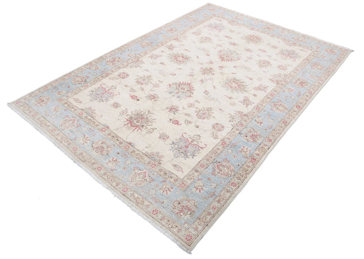 Ivory Afghan Oriental Rug 5'7" x 8'3" Hand-Knotted | No. AT33132