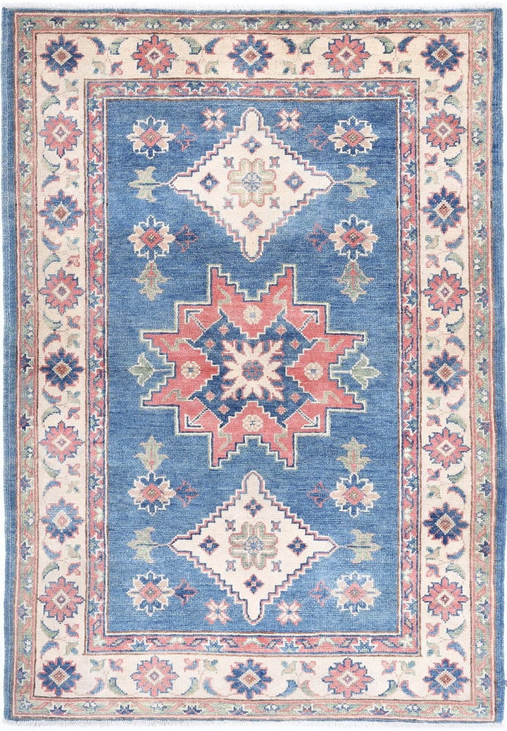 Afghan Kazak Rug 3' 2" x 4' 10" Hand-Knotted | No. AT33182