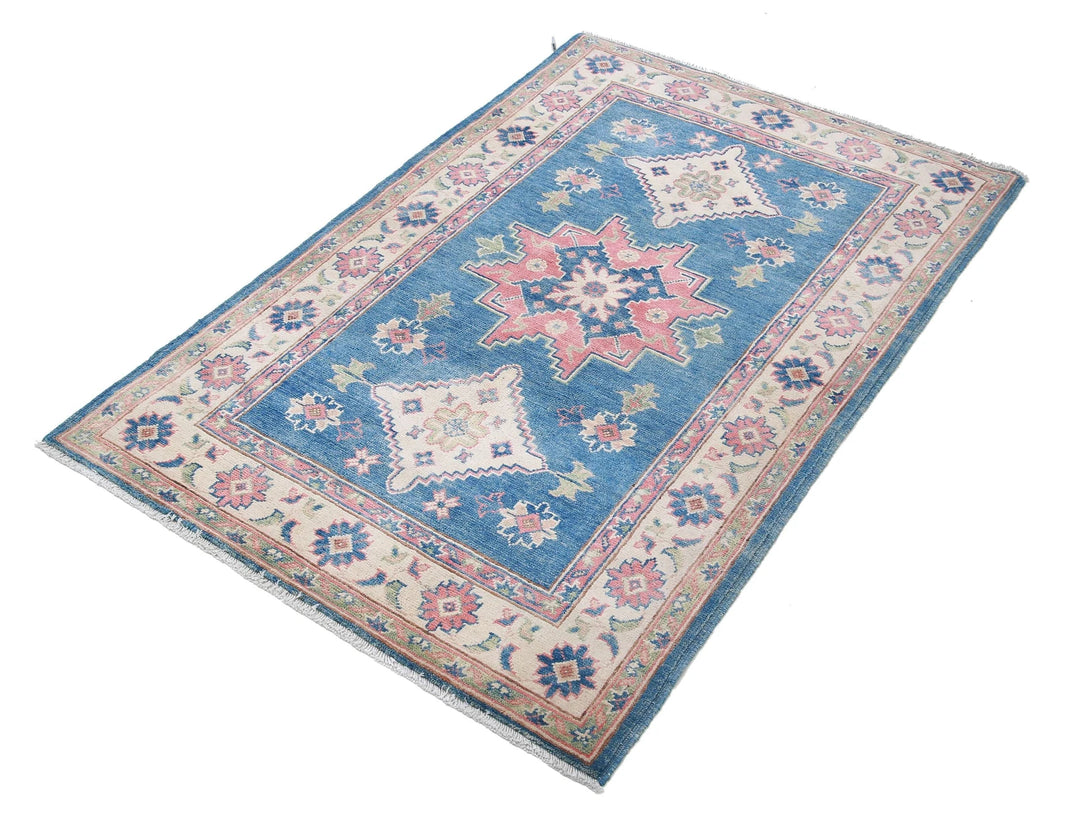 Afghan Kazak Rug 3' 2" x 4' 10" Hand-Knotted | No. AT33182