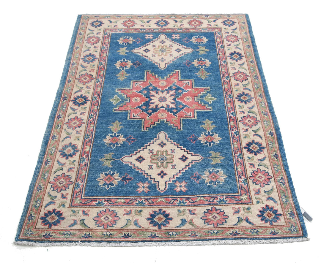 Afghan Kazak Rug 3' 2" x 4' 10" Hand-Knotted | No. AT33182