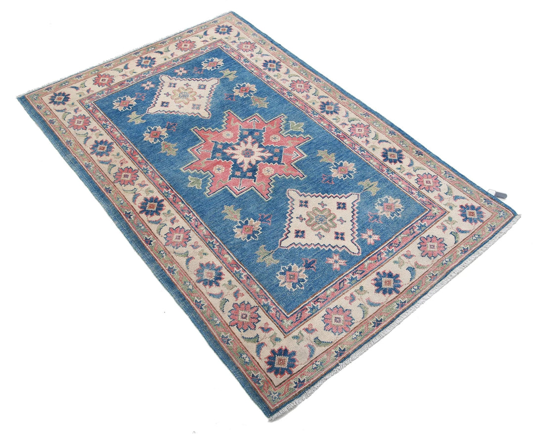 Afghan Kazak Rug 3' 2" x 4' 10" Hand-Knotted | No. AT33182