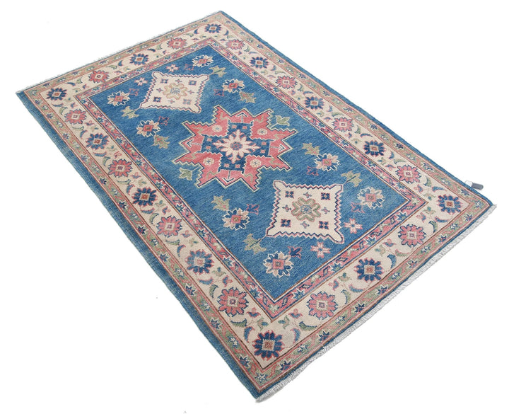 Afghan Kazak Rug 3' 2" x 4' 10" Hand-Knotted | No. AT33182