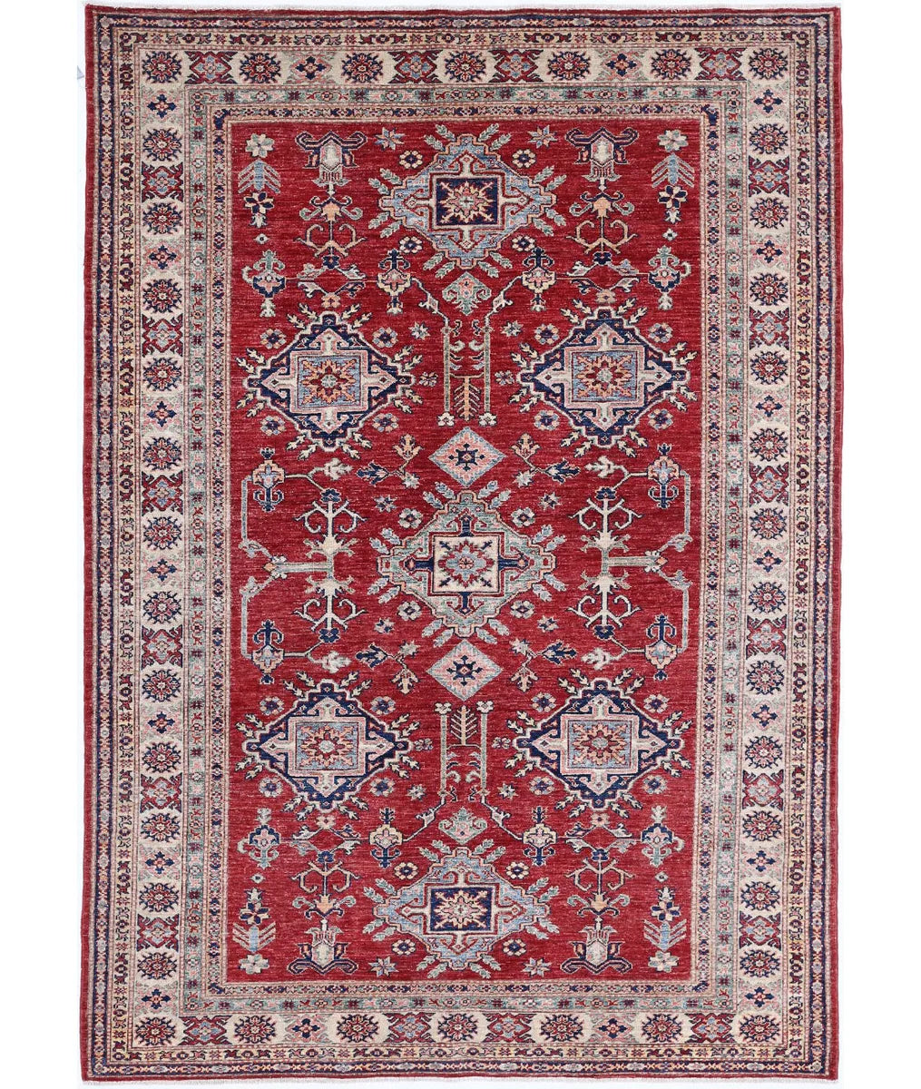 Red Afghan Kazak Rug 5' 4" x 7' 8" Hand-Knotted | No. AT337346