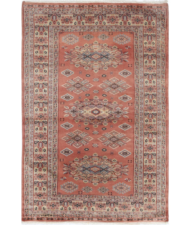 Peach Ivory Pakistani Bokhara Rug 4' 2" x 6' 1" Hand-Knotted | No. AT34152