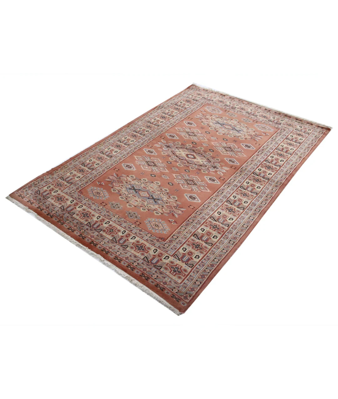 Peach Ivory Pakistani Bokhara Rug 4' 2" x 6' 1" Hand-Knotted | No. AT34152