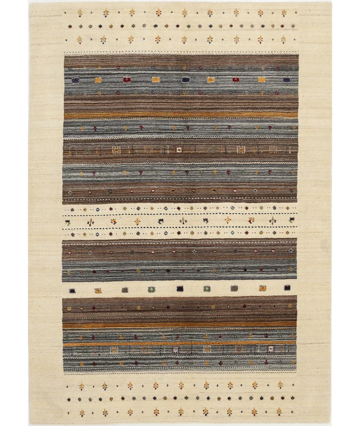 Ivory Indian Oriental Rug 5' 8" x 7' 10" Hand-Knotted | No. AT34610