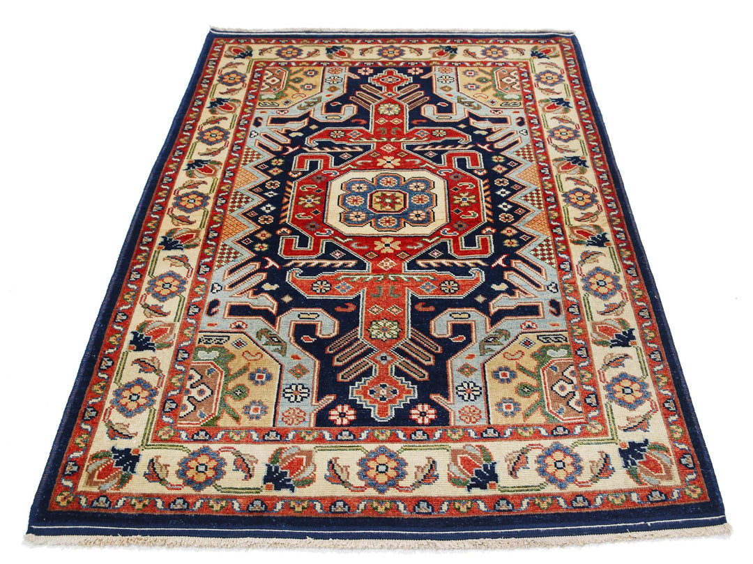 Blue Afghan Oriental Rug 4' 2" x 5' 10" Hand-Knotted pattern
