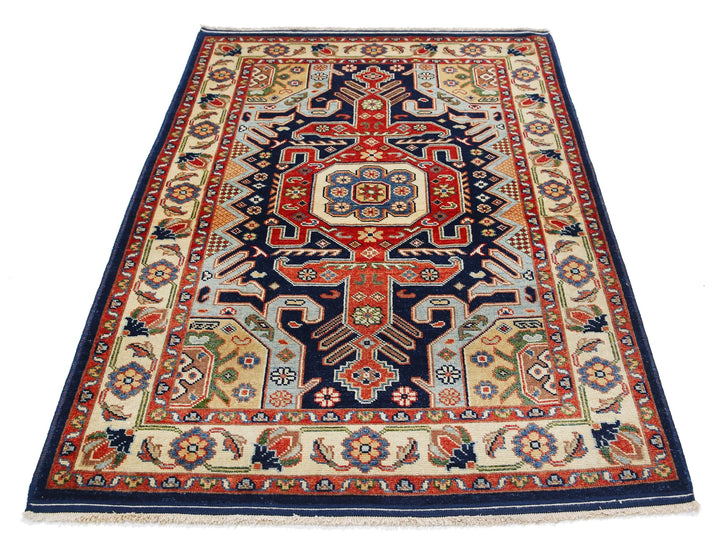 Blue Afghan Oriental Rug 4' 2" x 5' 10" Hand-Knotted pattern