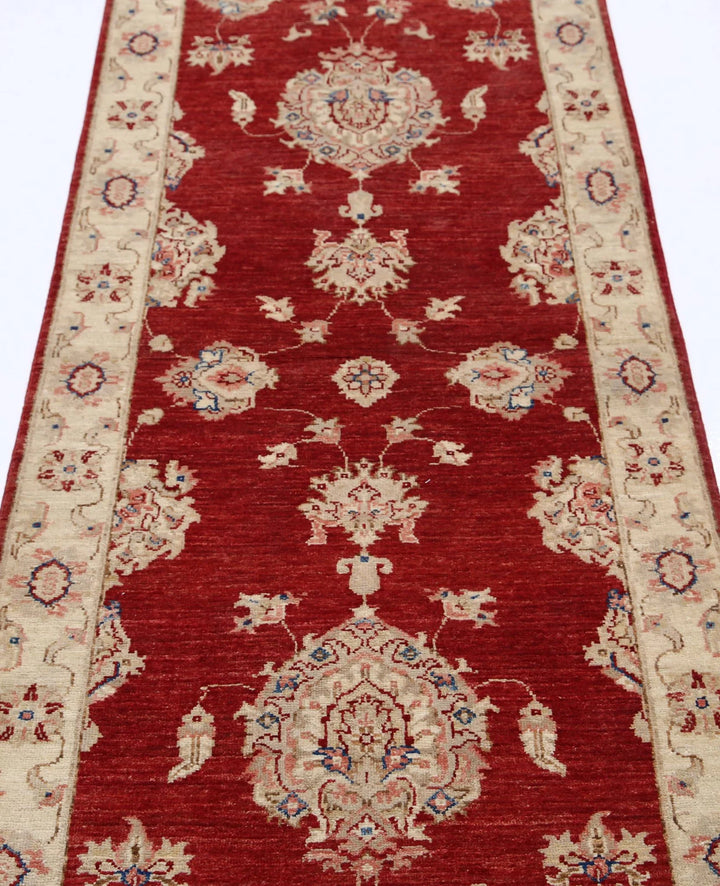 Red Afghan Oriental Rug 2'9" x 8'0" Hand-Knotted close-up