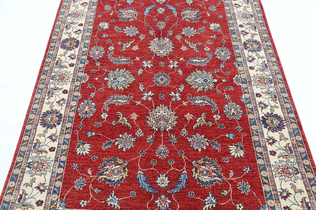 Red Afghan Ziegler Rug 4' 9" x 6' 7" Hand-Knotted | No. AT357168