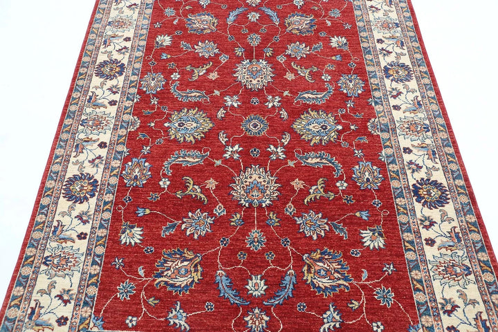 Red Afghan Ziegler Rug 4' 9" x 6' 7" Hand-Knotted | No. AT357168