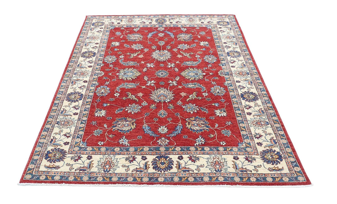 Red Afghan Ziegler Rug 4' 9" x 6' 7" Hand-Knotted | No. AT357168