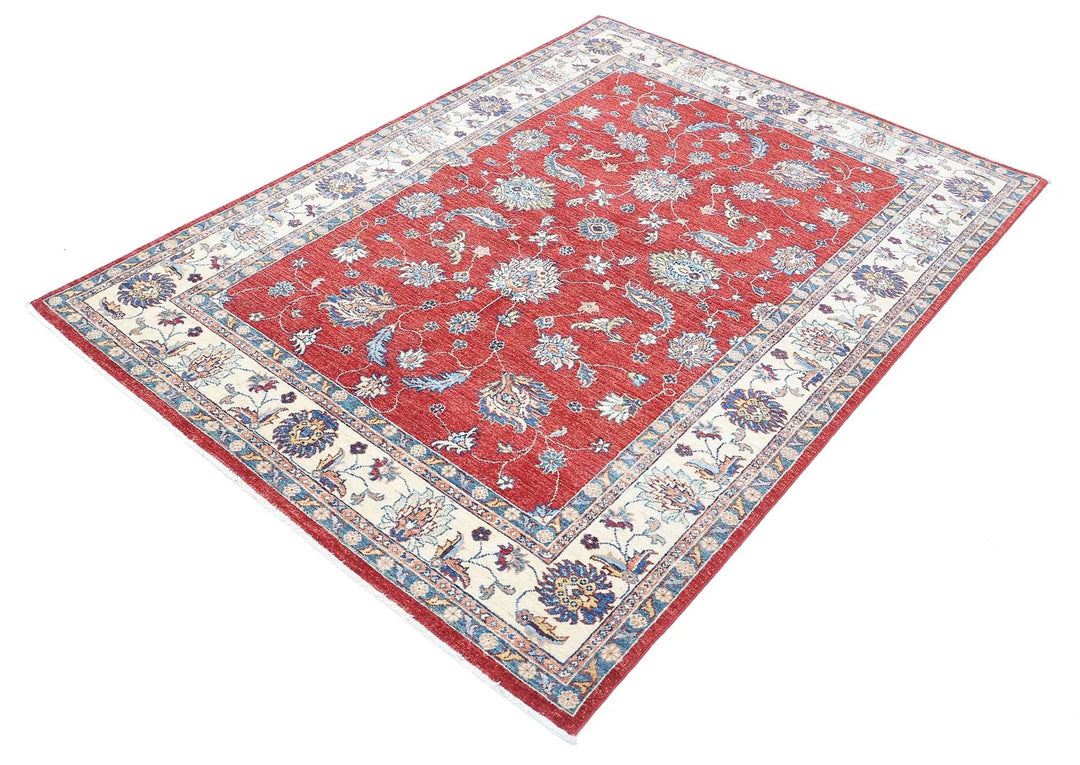 Red Afghan Ziegler Rug 4' 9" x 6' 7" Hand-Knotted | No. AT357168