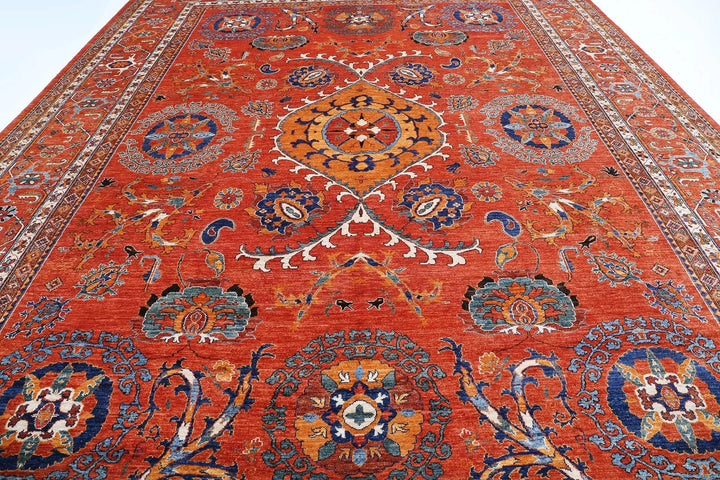 Red Afghan Humna Rug 12' 7" x 17' 1" Hand-Knotted | No. AT36529