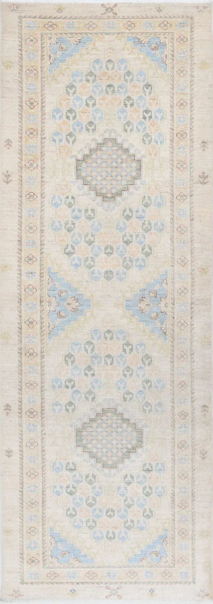 Ivory Afghan Ziegler Rug 2' 7" x 7' 11" Hand-Knotted | No. AT37425
