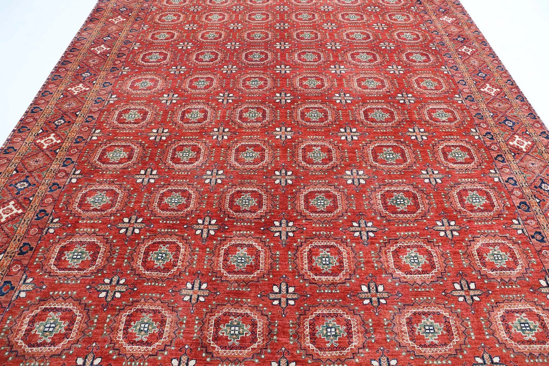 Red Afghan Nomadic Caucasian Humna Rug 8' 11" x 11' 10" Hand-Knotted | No. AT37646