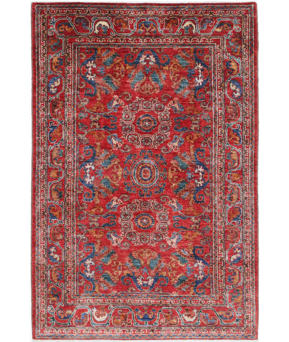 Red Afghan Tribal Rug 4' 0" x 6' 1" Hand-Knotted | No. AT377725