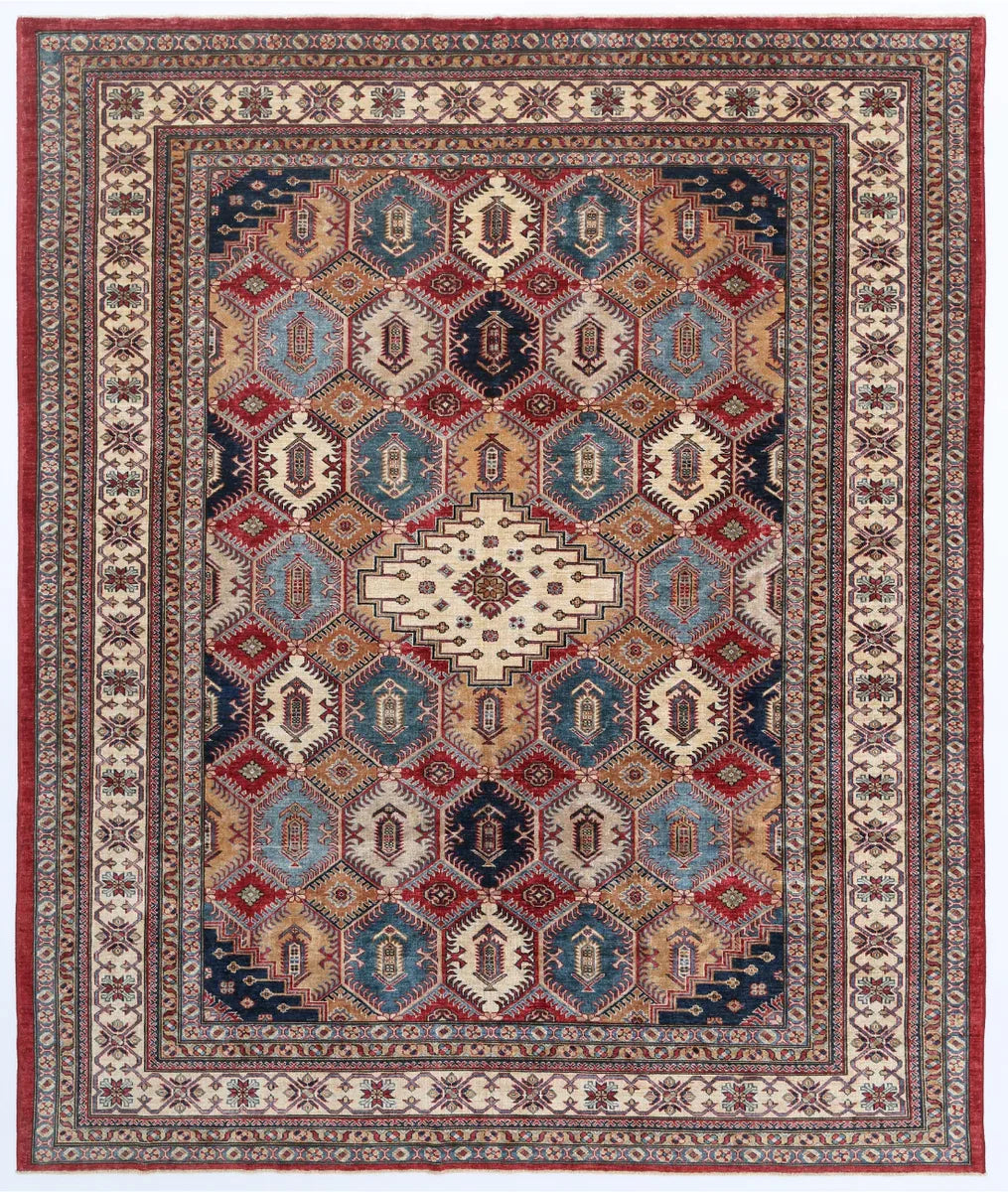 Red Afghan Kazak Rug 8' 1" x 9' 7" Hand-Knotted | No. AT399806