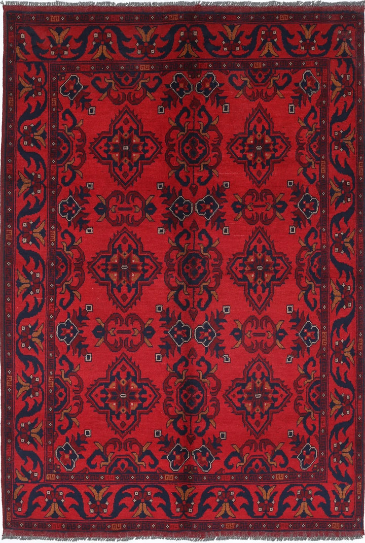 Red Afghan Tribal Rug 4' 2" x 6' 2" Hand-Knotted
