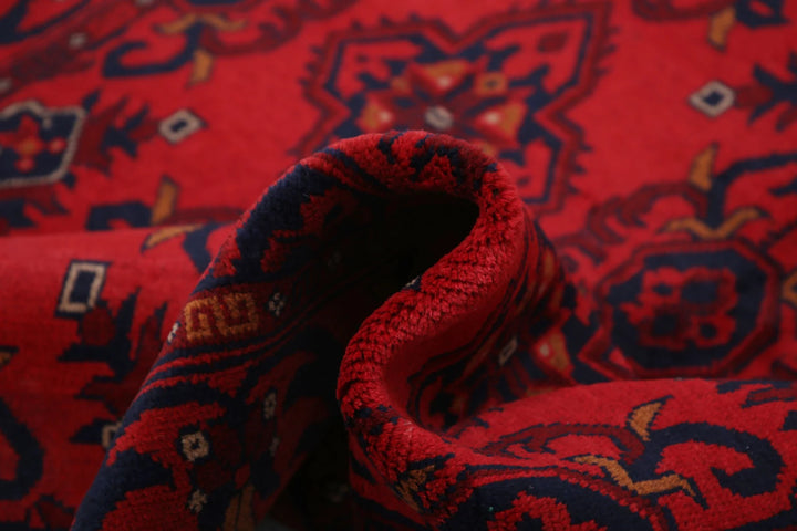 Red Afghan Tribal Rug 4' 2" x 6' 2" Hand-Knotted detail