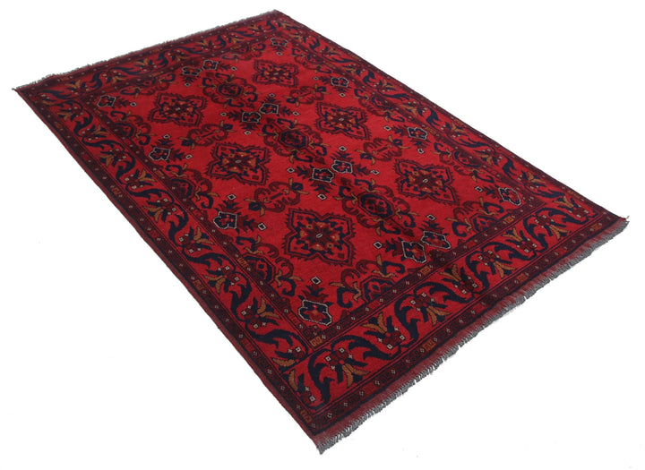 Red Afghan Tribal Rug 4' 2" x 6' 2" Hand-Knotted close-up