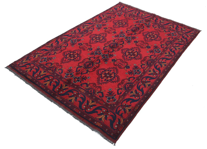 Red Afghan Tribal Rug 4' 2" x 6' 2" Hand-Knotted pattern
