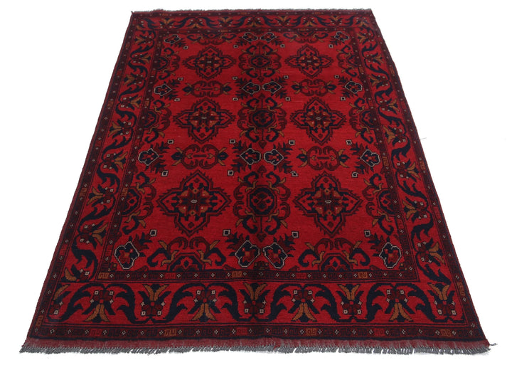 Red Afghan Tribal Rug 4' 2" x 6' 2" Hand-Knotted field