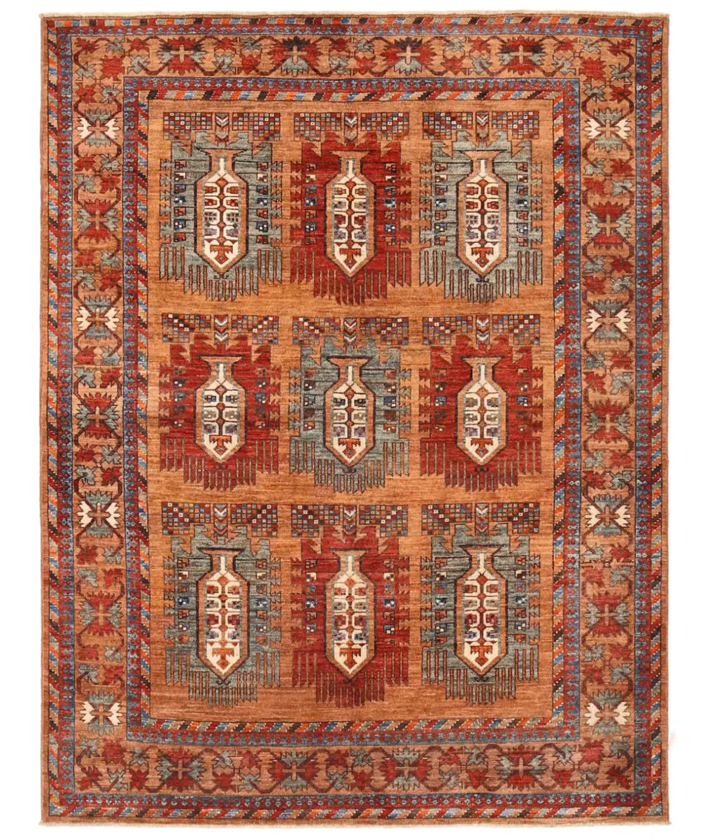 Brown Afghan Tribal Rug 5' 1" x 6' 9" Hand-Knotted | No. AT412711
