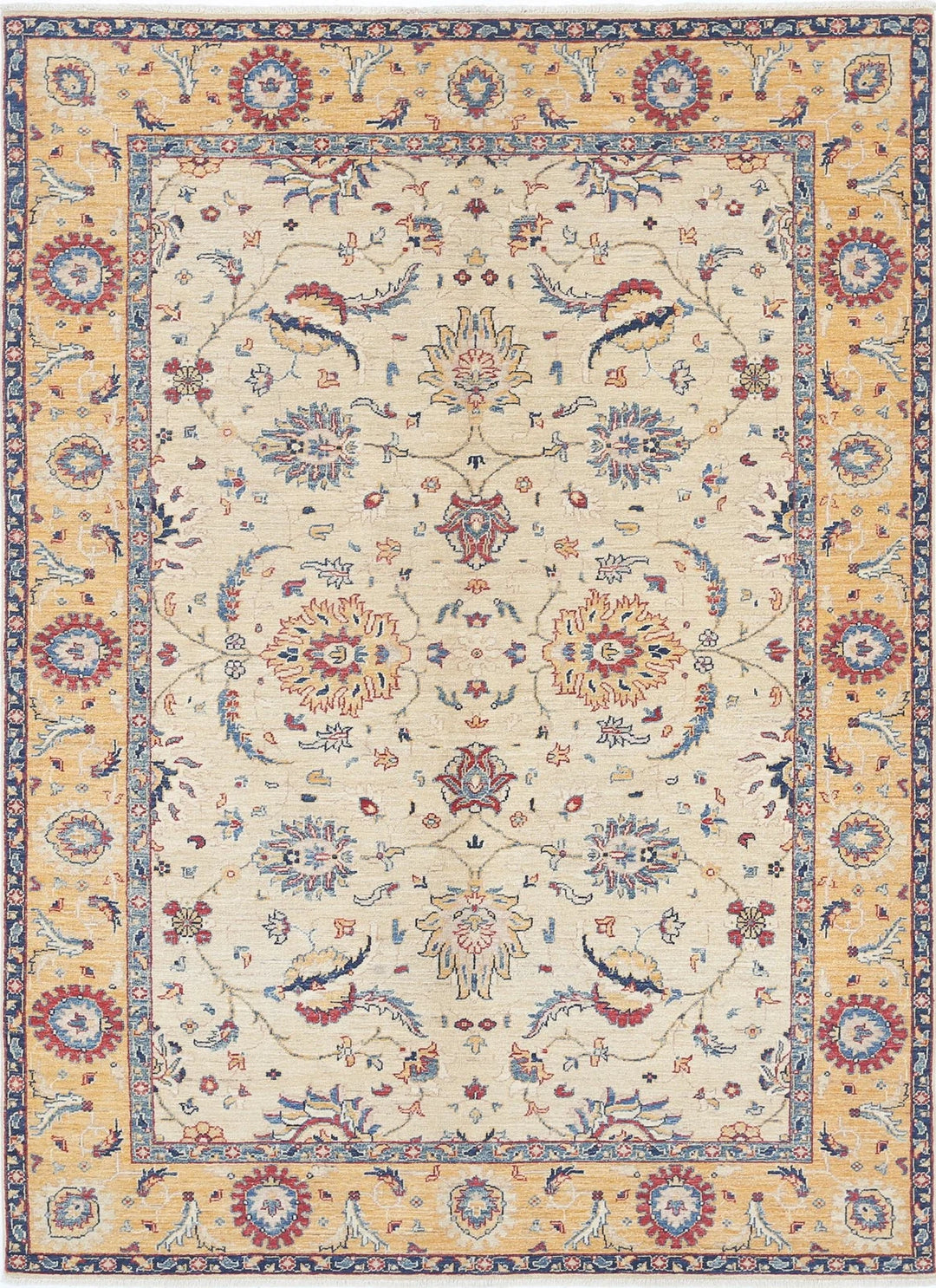 Ivory Afghan Ziegler Rug 5' 7" x 7' 1" Hand-Knotted | No. AT41416