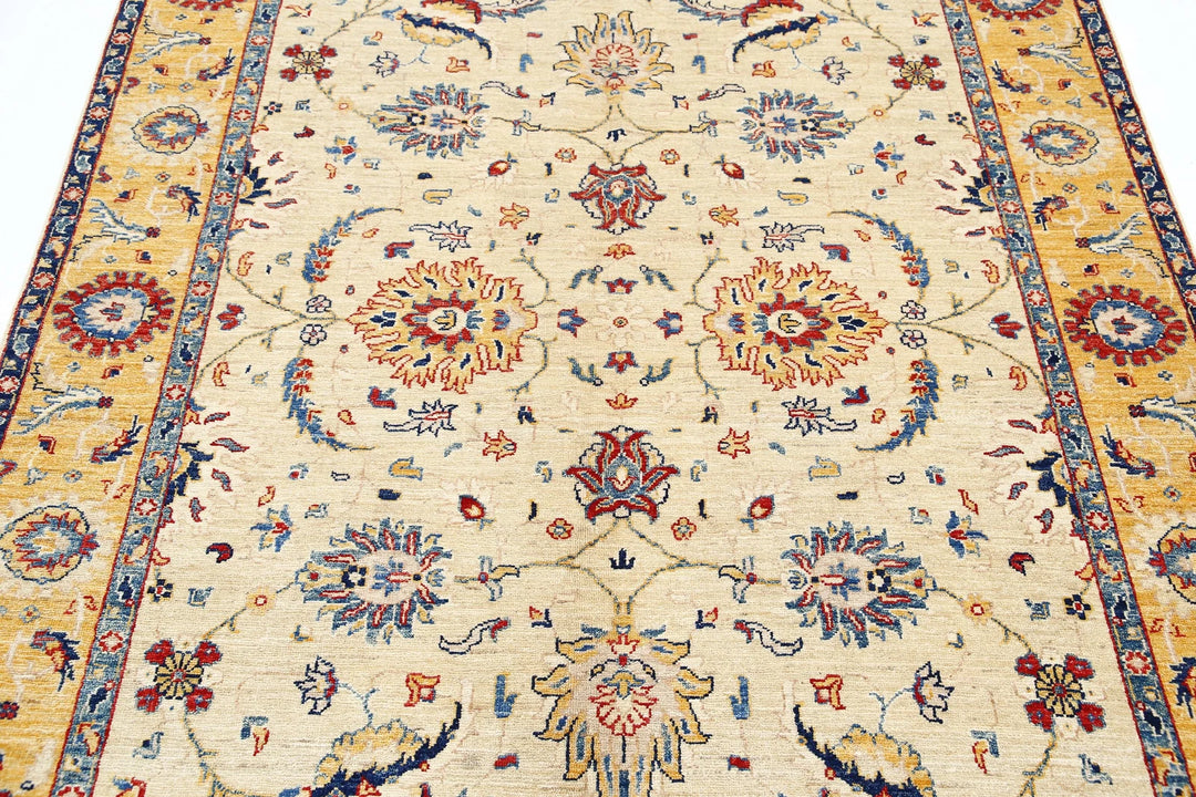 Ivory Afghan Ziegler Rug 5' 7" x 7' 1" Hand-Knotted | No. AT41416