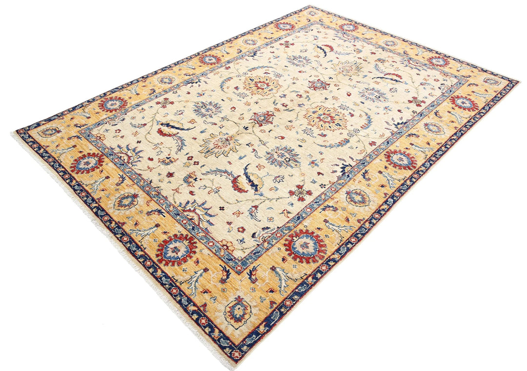 Ivory Afghan Ziegler Rug 5' 7" x 7' 1" Hand-Knotted | No. AT41416