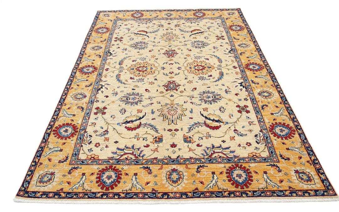 Ivory Afghan Ziegler Rug 5' 7" x 7' 1" Hand-Knotted | No. AT41416
