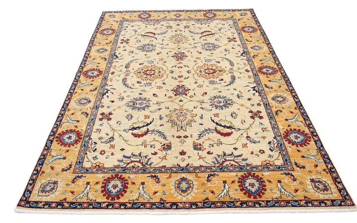 Ivory Afghan Ziegler Rug 5' 7" x 7' 1" Hand-Knotted | No. AT41416