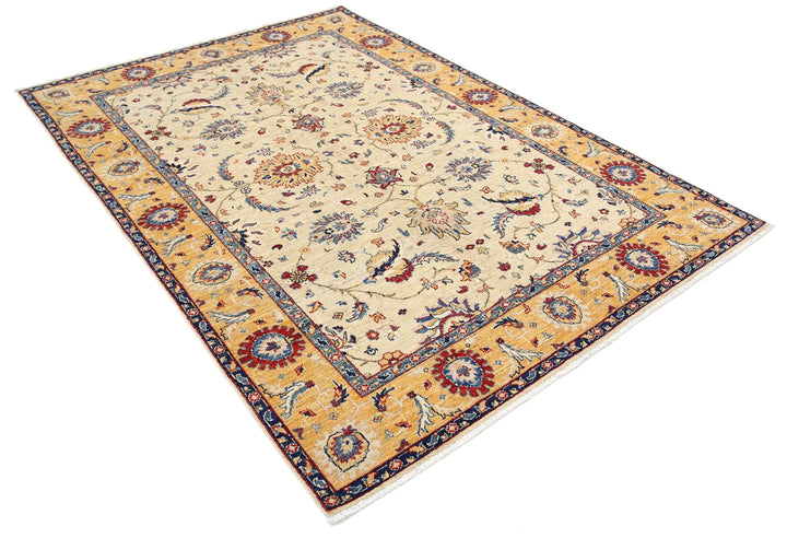 Ivory Afghan Ziegler Rug 5' 7" x 7' 1" Hand-Knotted | No. AT41416