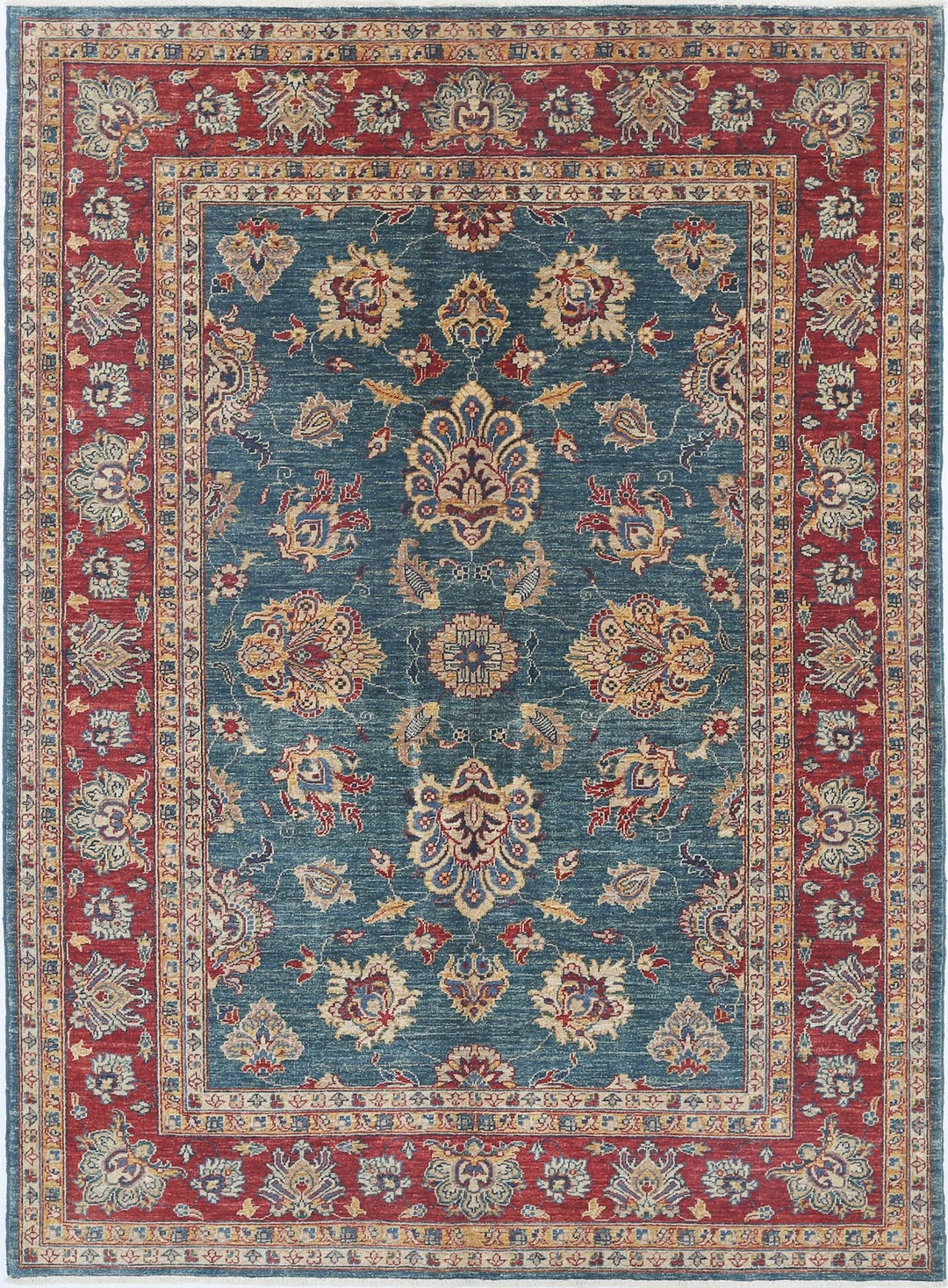 Teal Afghan Ziegler Rug 5'6" x 7'7" Hand-Knotted | No. AT41501