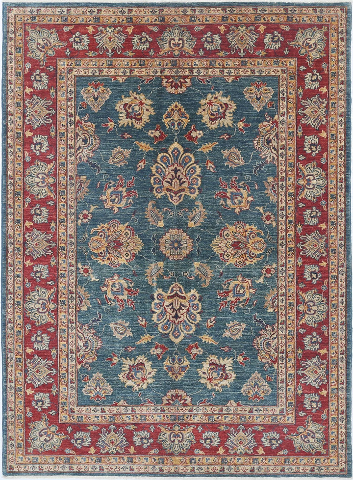 Teal Afghan Ziegler Rug 5'6" x 7'7" Hand-Knotted | No. AT41501